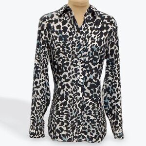 Talbots Petites Womens Leopard Print Button Down Shirt Blouse‎ Top Petite Small